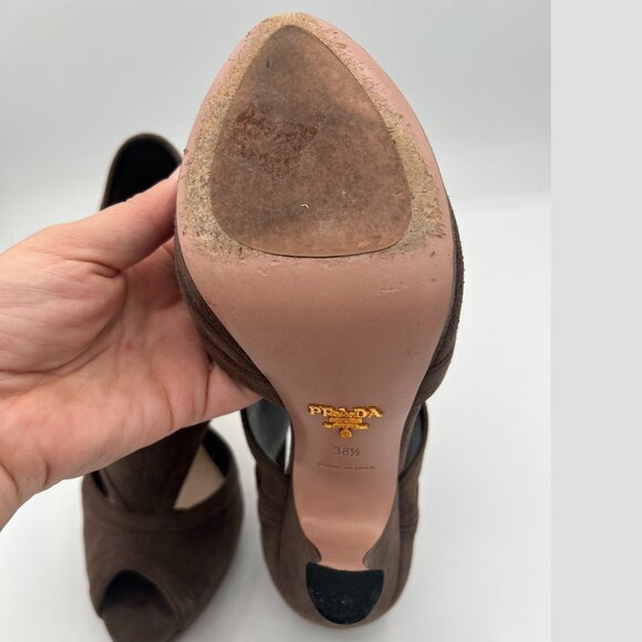 Prada Brown Suede Peep Toe Platform Heels – Size 38.5 - Picture 9 of 10